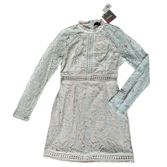NWT Missguided Blue Lace Dress with Sleeves and White Cutouts and Trim US10/UK14 - Picture 1 of 10